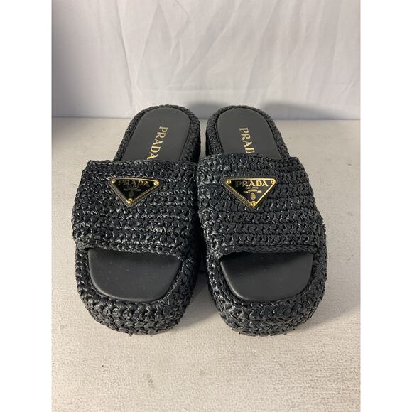 Prada 'Raffia' Black Raffia Flatform Slide Sandal Size 6 - Picture 3 of 5